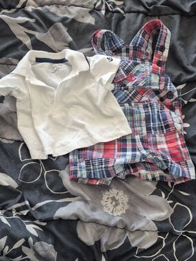 Little Me White Polo with Red Blue Plaid Overalls Set